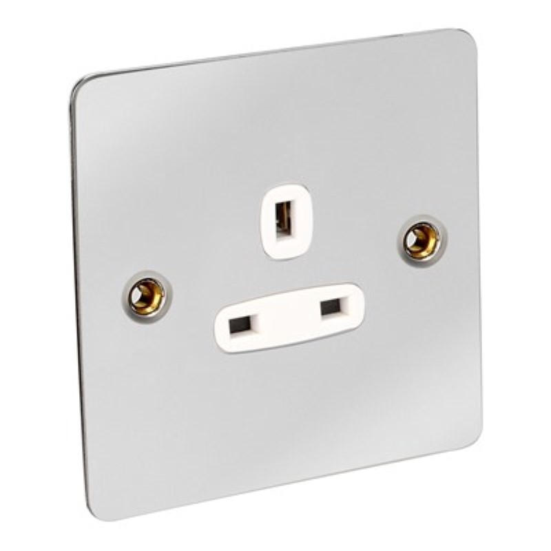 Flat Plate 13Amp 1 Gang Socket Unswitched *Chrome/White Insert *